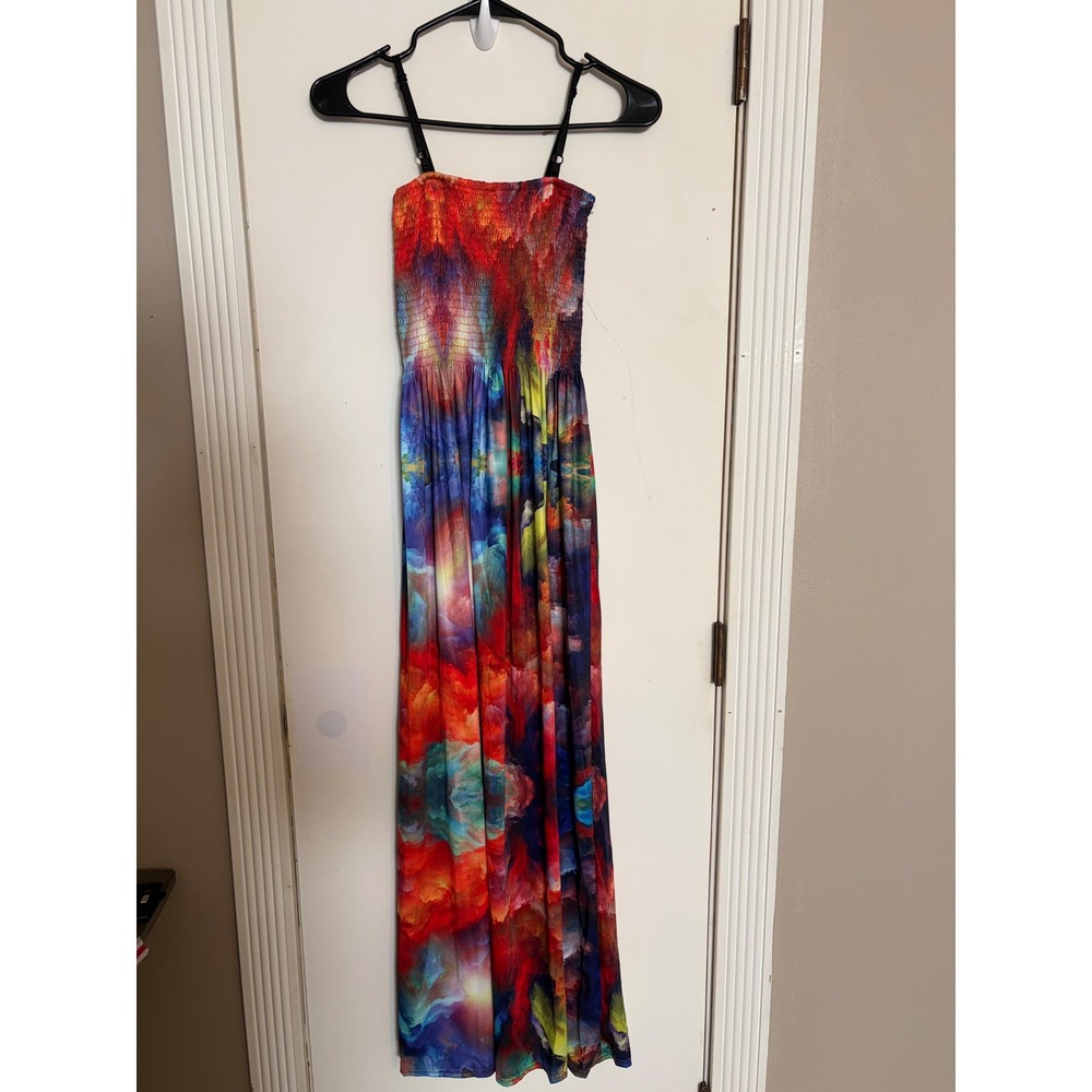 Shoreline Womens Abstract Watercolor Smocked Maxi Dress Multicolor One Size